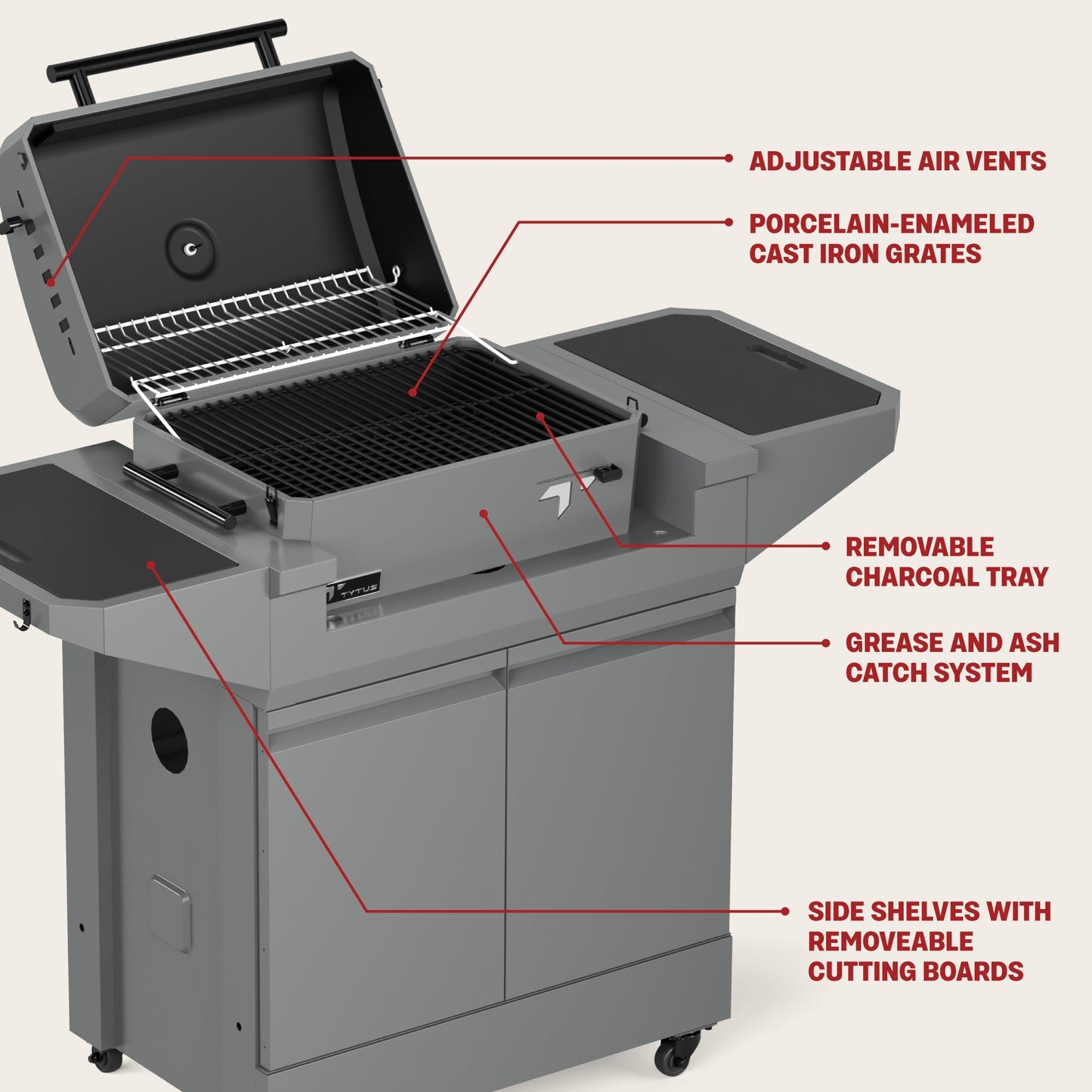 TYTUS Emberwood Charcoal Grill with Grill and Prep Cart - TDT-CRT-CHAR