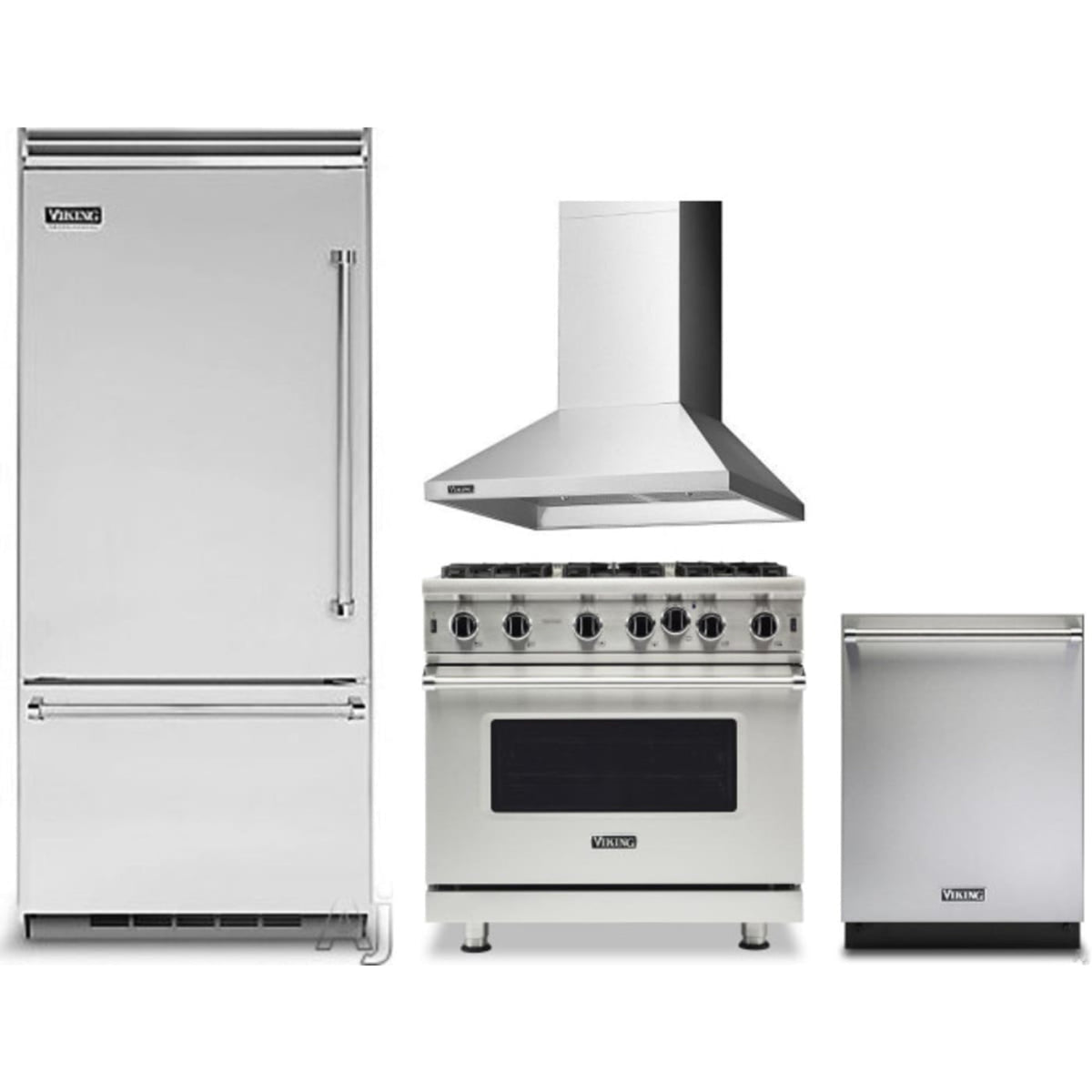 Viking 4-Piece Package 36 Inch Built-In Bottom Mount Refrigerator and 36 Inch Freestanding Professional Gas Range and 24 Inch Fully Integrated Dishwasher and 36 Inch Wall Mount Range Hood - VDWU524SS
