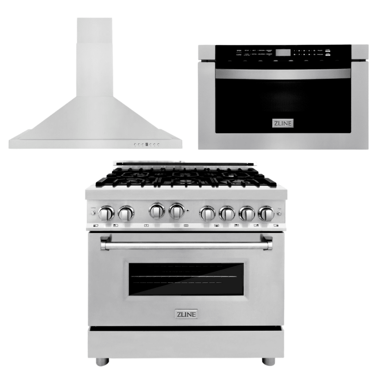 ZLINE Appliance Package - 36 in. Gas Range, Range Hood and Microwave Drawer, 3KP-RGRH36-MW