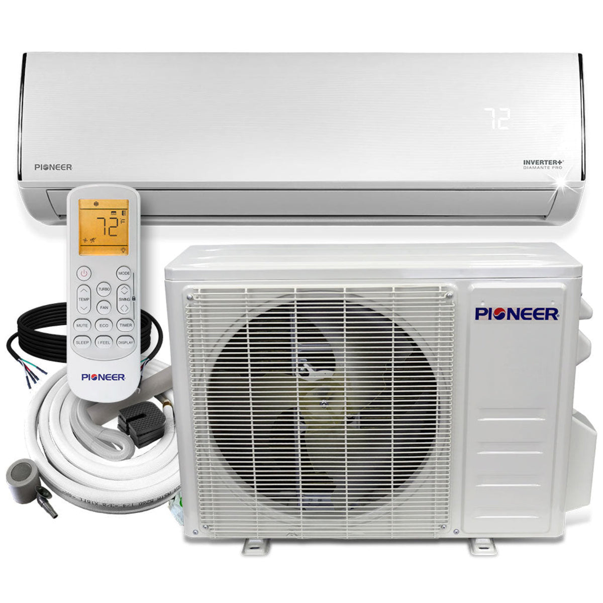 Pioneer Diamante Ultra 9,000 BTU 23.5 SEER2 Ductless Mini-Split Inverter++ Energy-Star Wi-Fi Air Conditioner Heat Pump Full Set 230V with 16 Ft. Kit - WYT009GLFI22RL