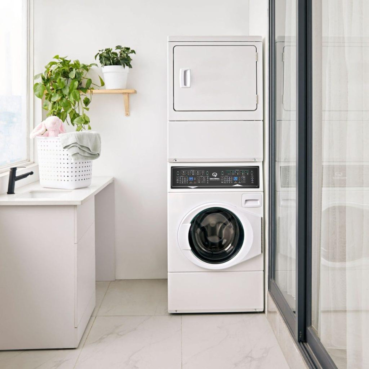 SPEED QUEEN SF7008WE SF7 Stacked White Washer - Electric Dryer with Pet Plus Sanitize Fast Cycle Times  - SF7008WE